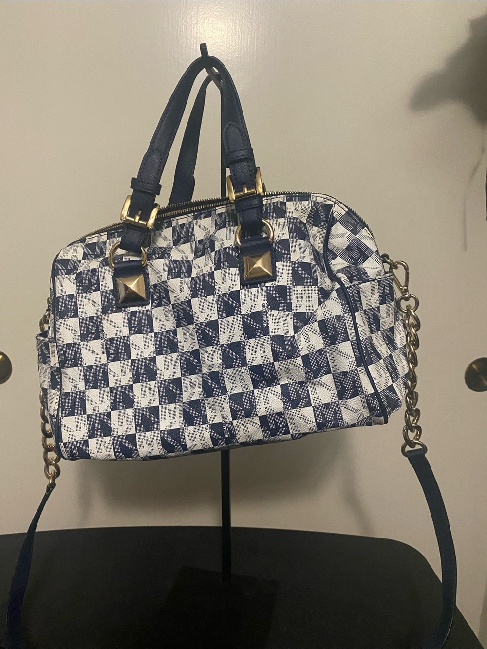 Michael Kors Navy and White Checker Satchel with Gold Accents - Picture 5 of 6